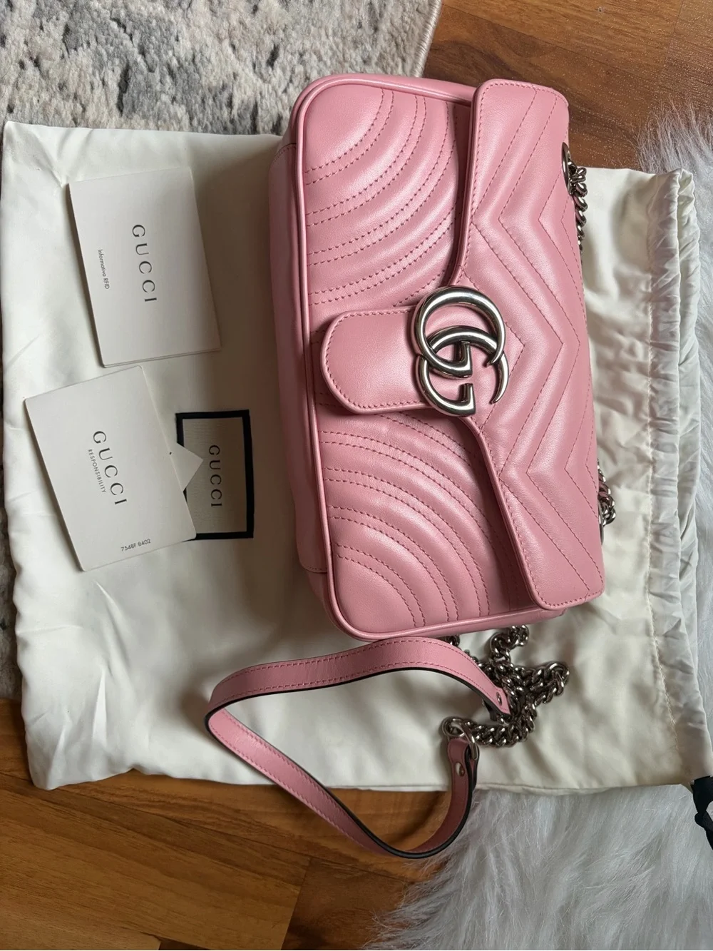 Gucci Pink GG Marmont Quilted Shoulder Bag with Chain Strap